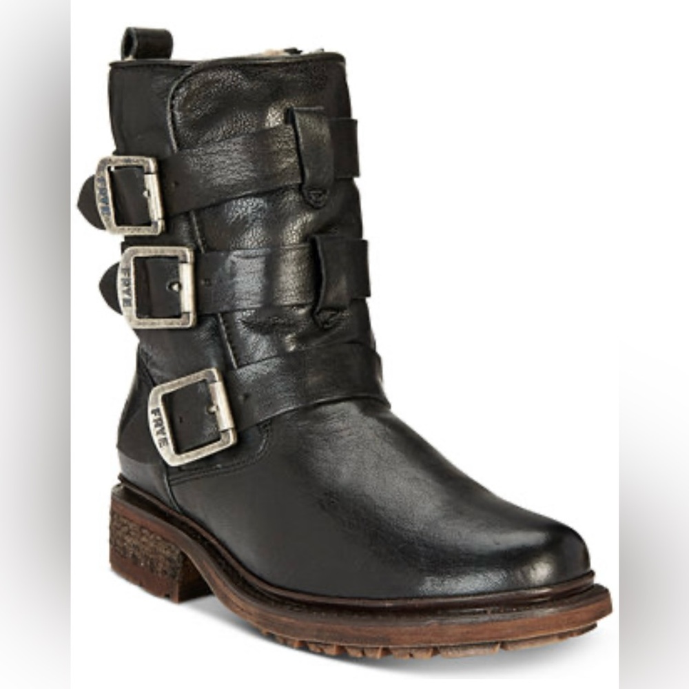 Frye Boots Valerie Women's Strappy Sz 6 Black Leather Shearling Moto Buckle - Picture 1 of 16
